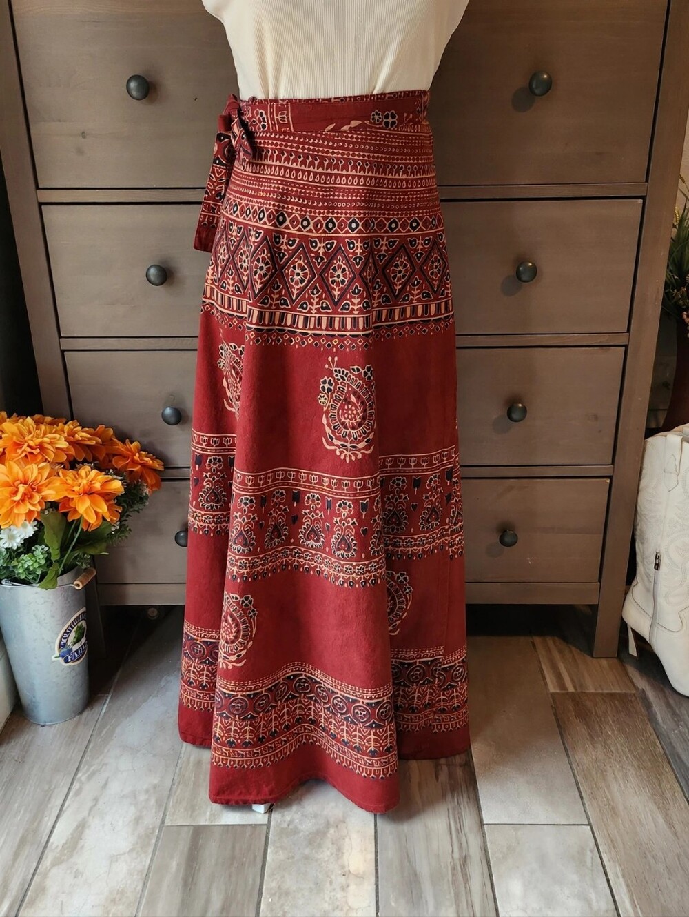 Rust Red Bohemian Wrap Maxi Skirt -